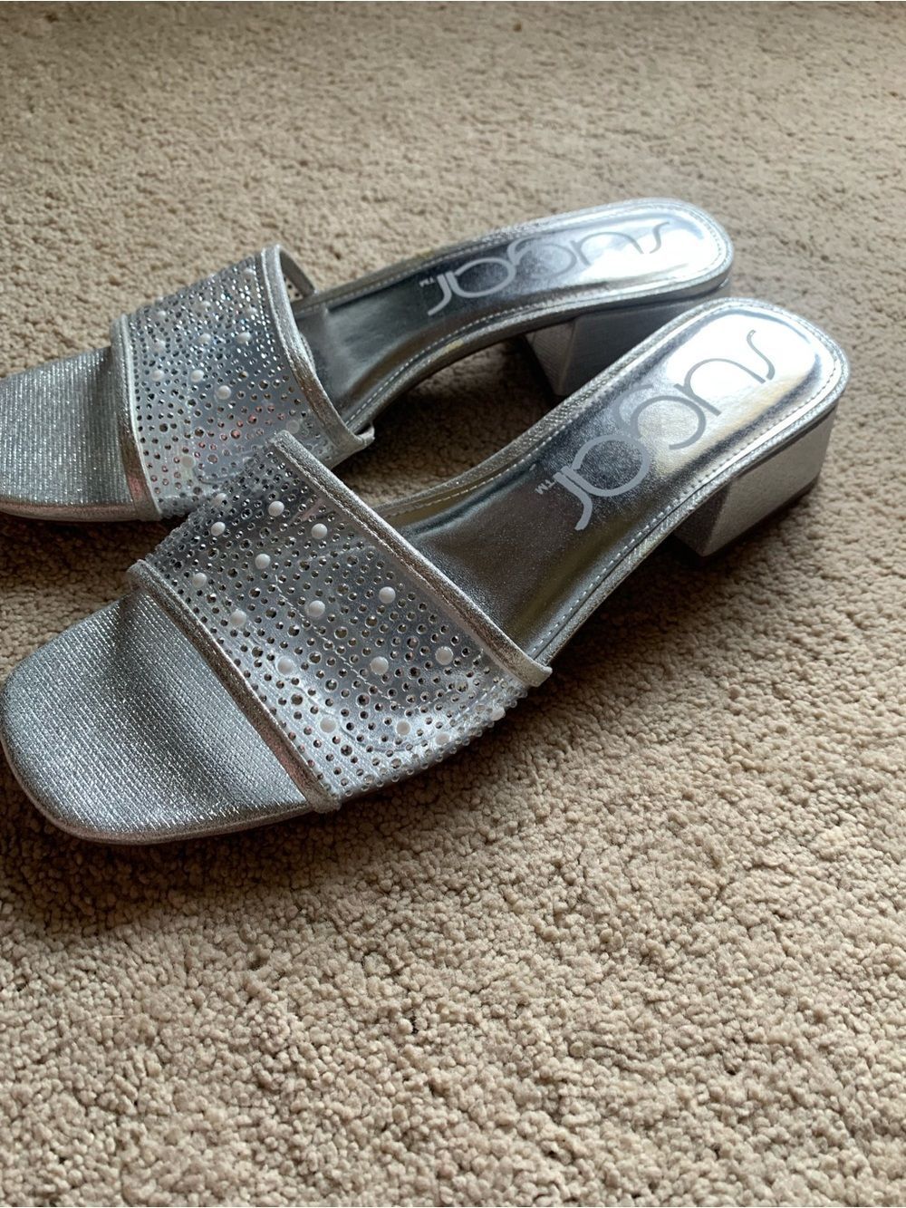 NWOT Sugar Union Silver Pearl Rhinestone Slide heels